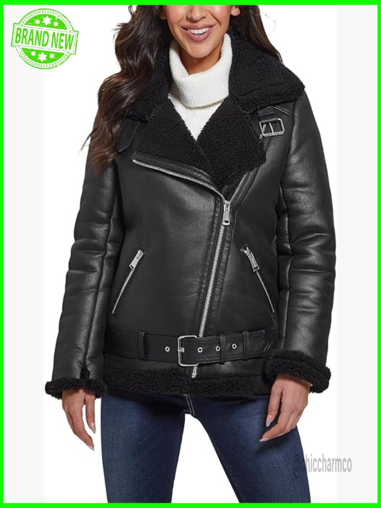 Faux Shearling Moto Jacket With Belt, Long Sleeve Aviator Style